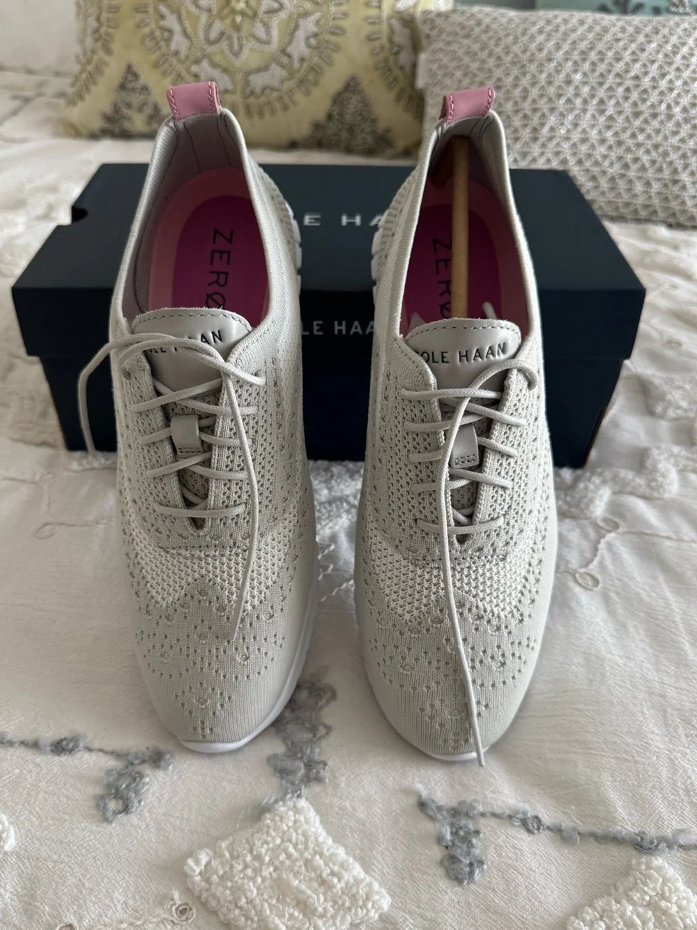 Cole Haan Light Gray Knit Sneakers with Pink Heel Tab